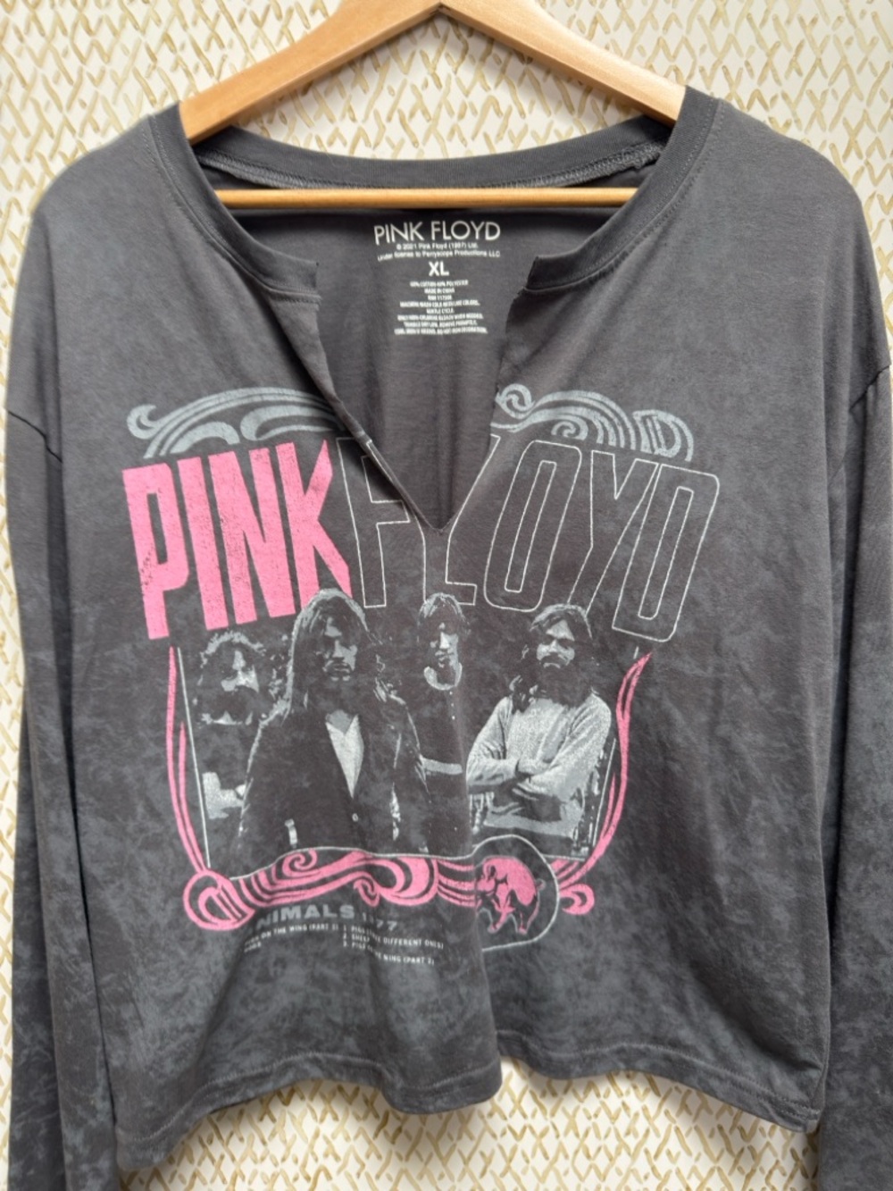 Pink Floyd Cropped Long Sleeve Band Tee Washed Black Pink Graphic Grunge Y2K XL - Picture 2 of 8